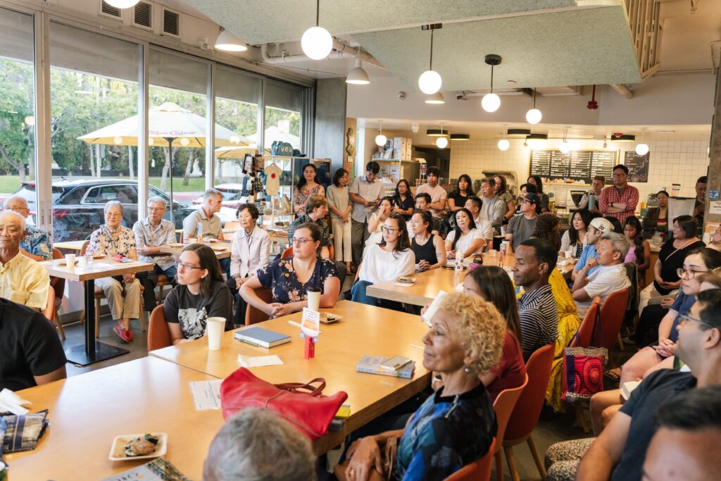 A room full of readers at a book event with Bora Lee Reed