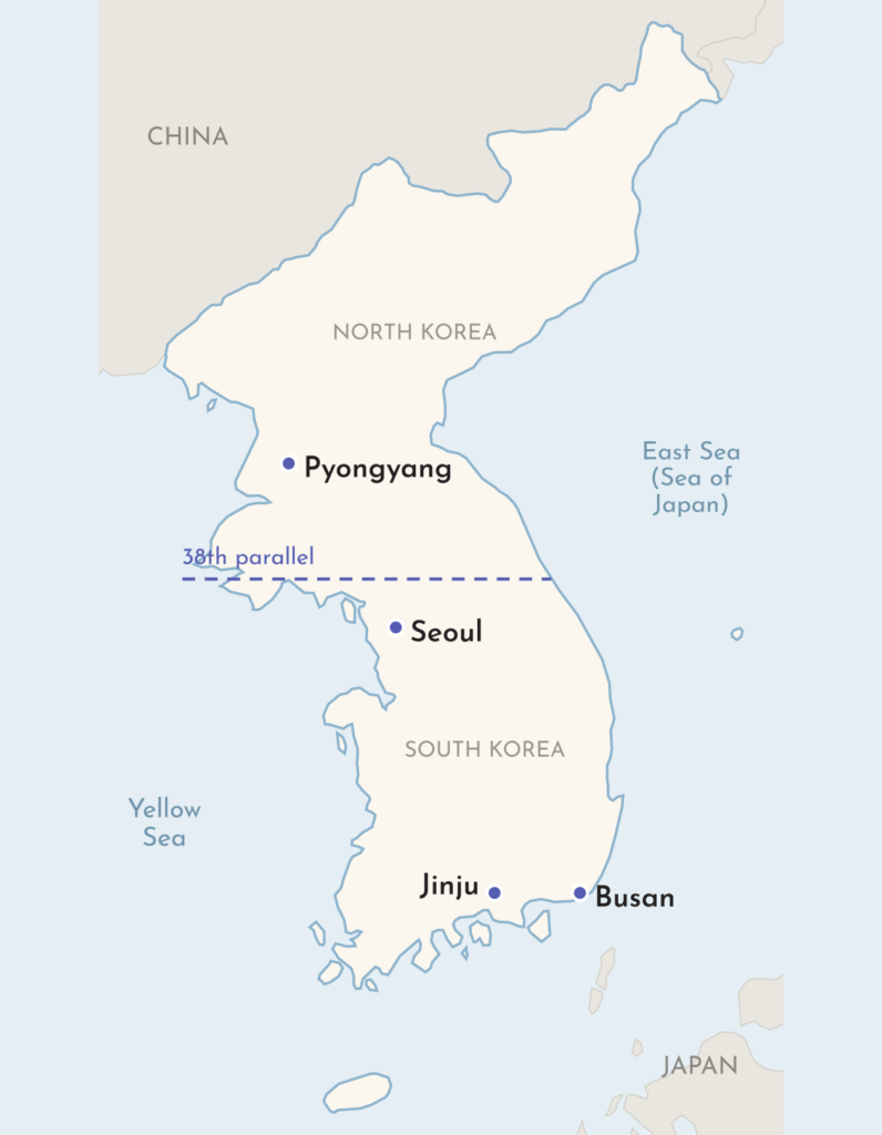 Map of Korea showing Pyongyang, Seoul, Jinju, Busan and the 38th parallel